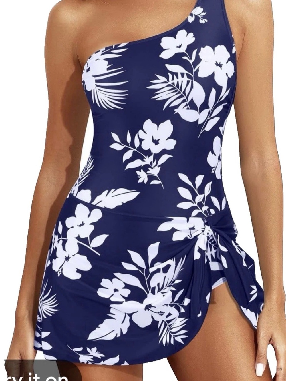 One-Shoulder Navy Floral Swimdress Tempt Me